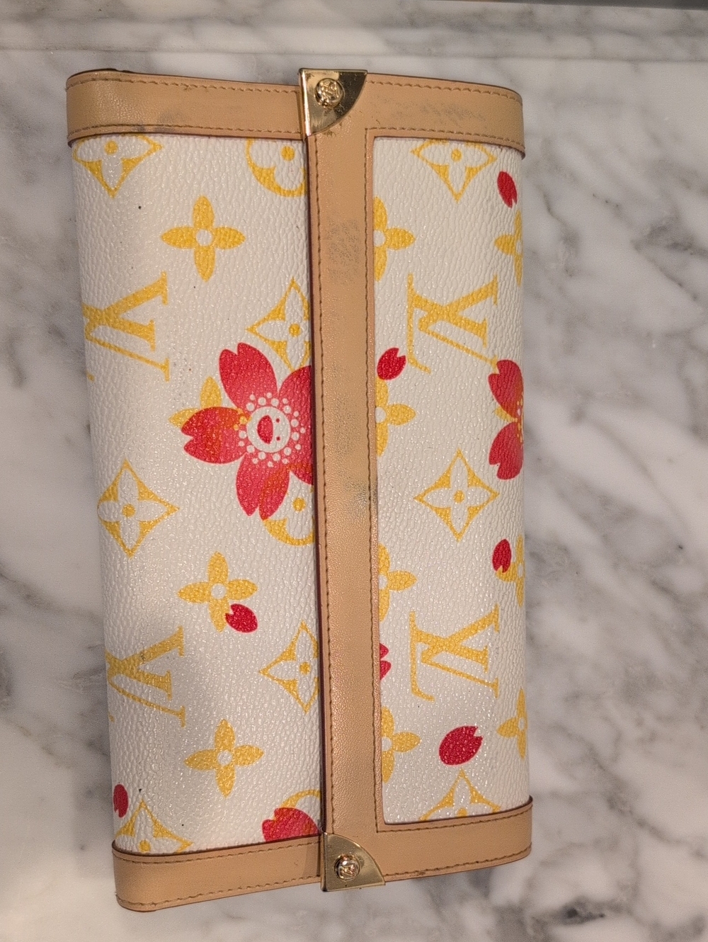 Louis Vuitton White Floral Monogram Clutch with Red & Yellow Flowers